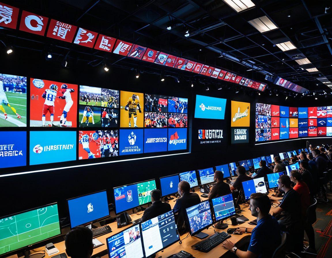 A dynamic sports newsroom filled with journalists passionately reporting live events. Include multiple screens displaying live sports updates and headlines. Show a diverse group of reporters engaged in discussion, with sports memorabilia in the background. The atmosphere should be energetic and modern, symbolizing the evolution of sports journalism. vibrant colors. 3D illustration.