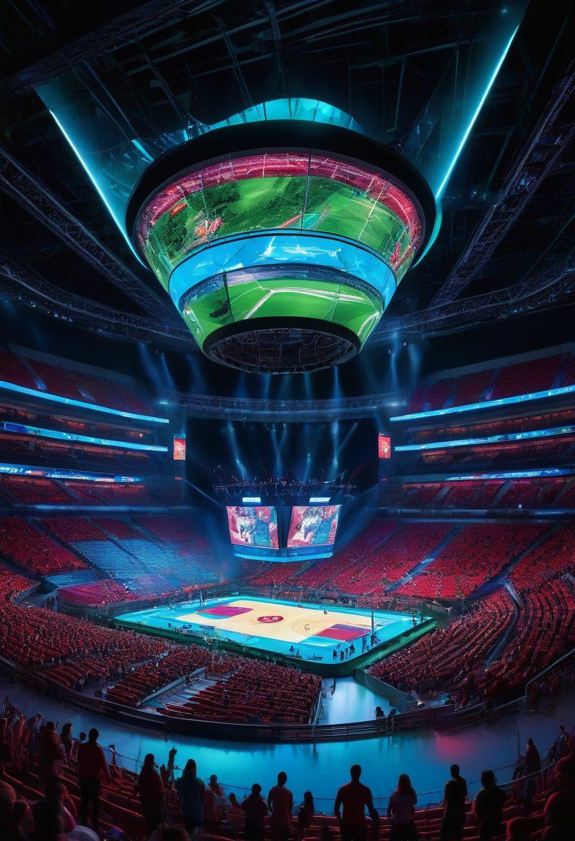 A dynamic and futuristic sports arena filled with diverse athletes in action, surrounded by floating screens showcasing live streaming of their performances. Capture the energy of the crowd, with fans engaged through smartphones and tablets, illustrating the fusion of technology and sports. Emphasize a vibrant color palette to evoke excitement and innovation. Add elements like digital graphics and holographic displays. super-realistic. vibrant colors. 3D.