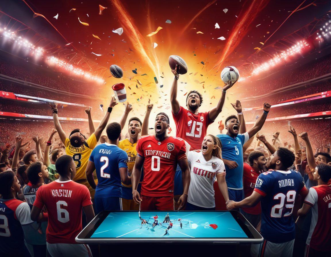 A dynamic scene capturing a diverse group of fans watching a thrilling sports event on various streaming devices, with expressions of excitement and engagement. The background features vibrant team colors and sports memorabilia, symbolizing passion. Include floating icons of popular streaming services above the fans, showcasing the digital age of sports culture. Super-realistic. Vibrant colors. Action-packed.